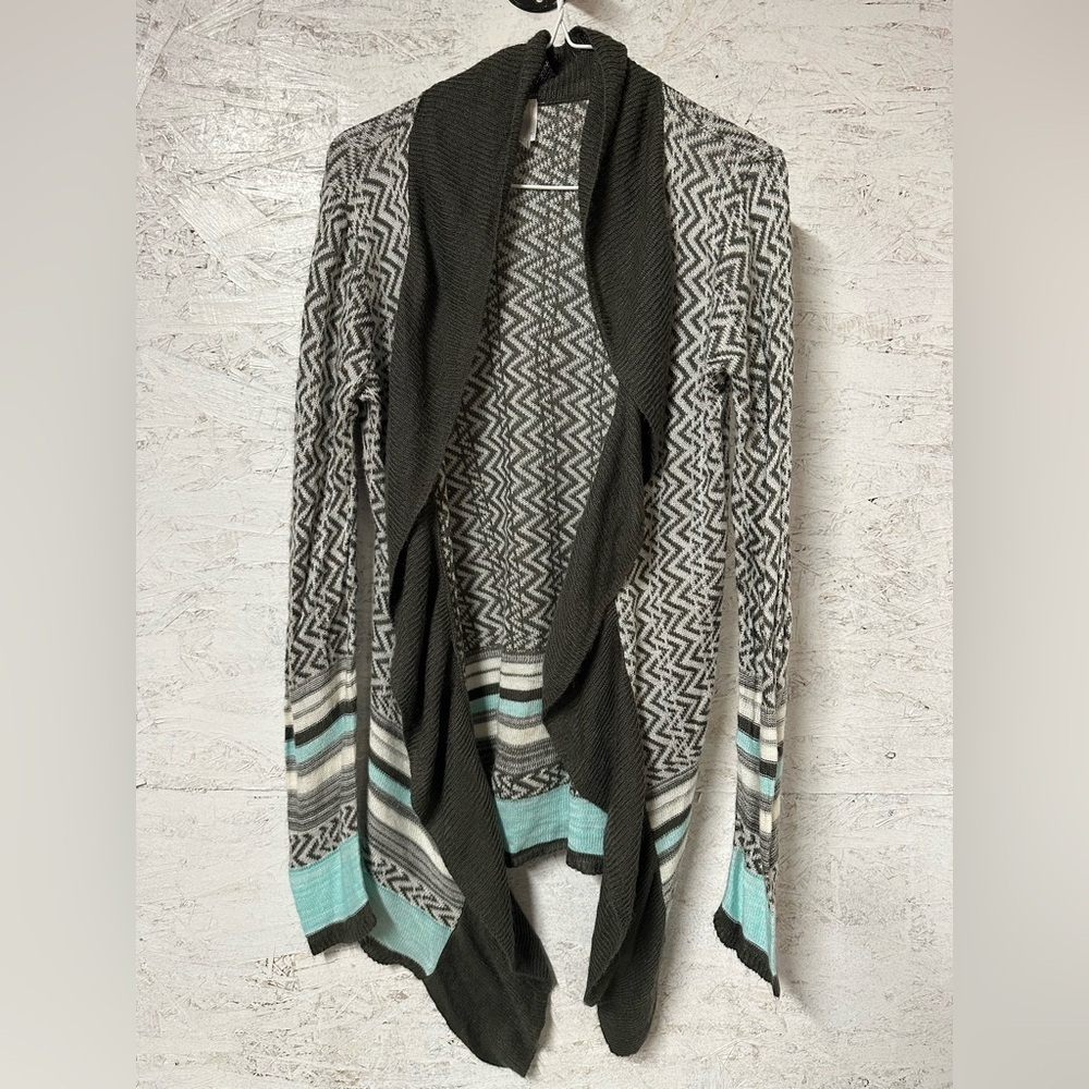 Vanity Chevron Knit Cardigan in Black, Gray, and Aqua